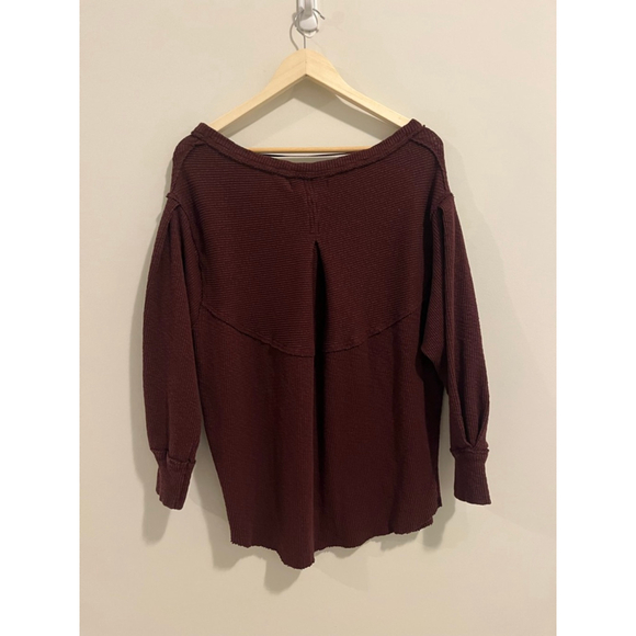 Free People Volume Sleeve Thermal Top Burgundy Cherry Cola Ribbed Oversized - Picture 8 of 9